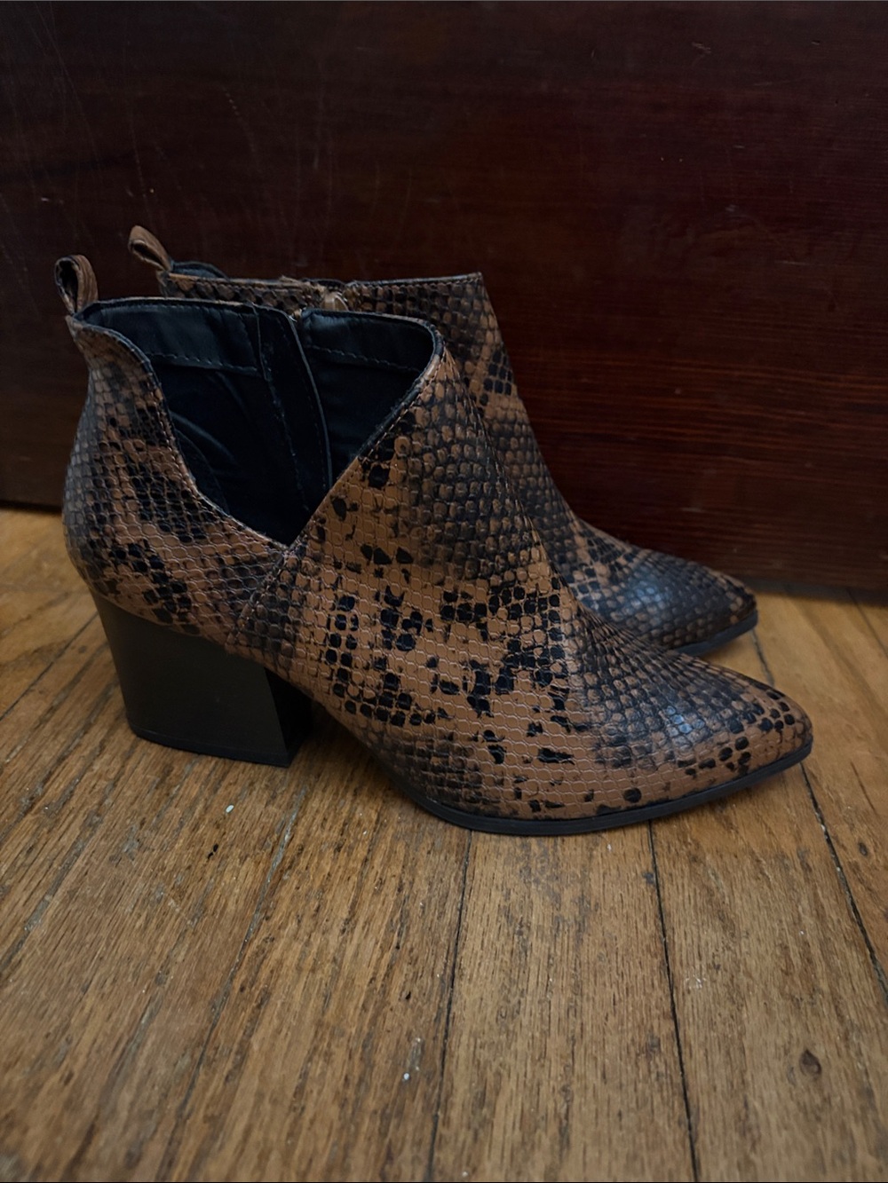 Qupid Brown Snake-Print Pointed Ankle Booties with Block Heel